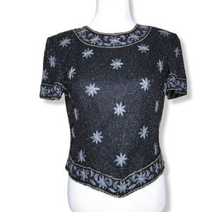 Cote D Azur Bead Embellished Cropped Silk Blouse Size Medium